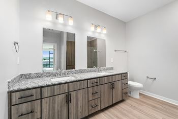 A bathroom with a granite countertop and wooden cabinets.
